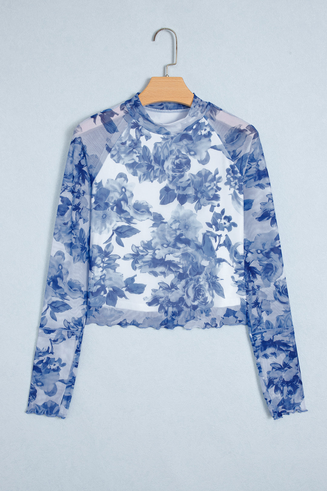 Sky Blue Floral Print Long Sleeve Stand Neck Mesh Top