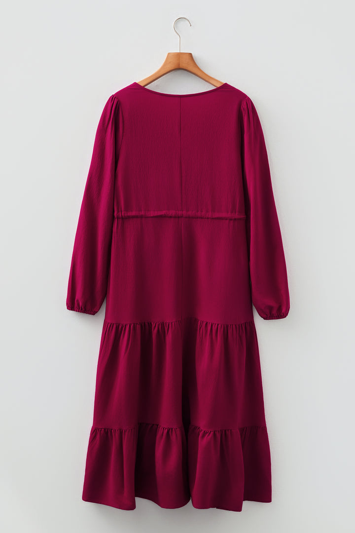 Burgundy Solid Long Sleeve Button V Neck Tiered Maxi Dress
