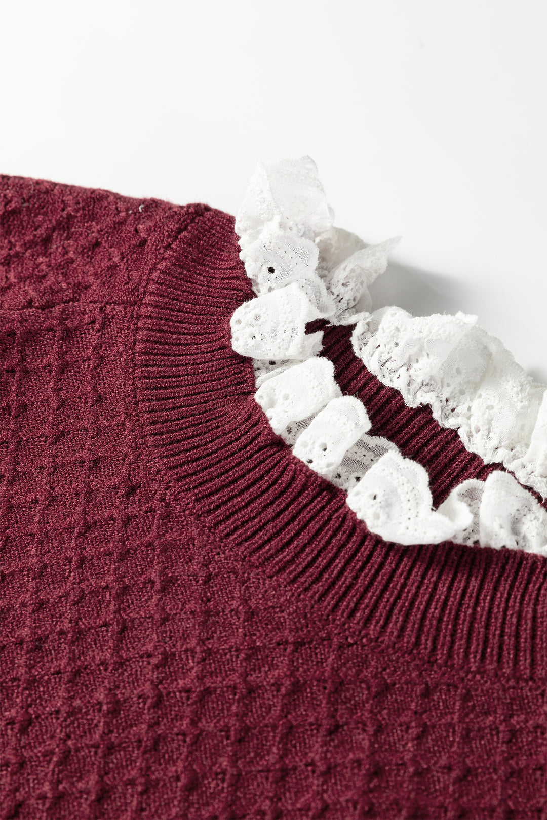 Burgundy Contrast Lace Frilled Trim Raglan Sleeve Sweater