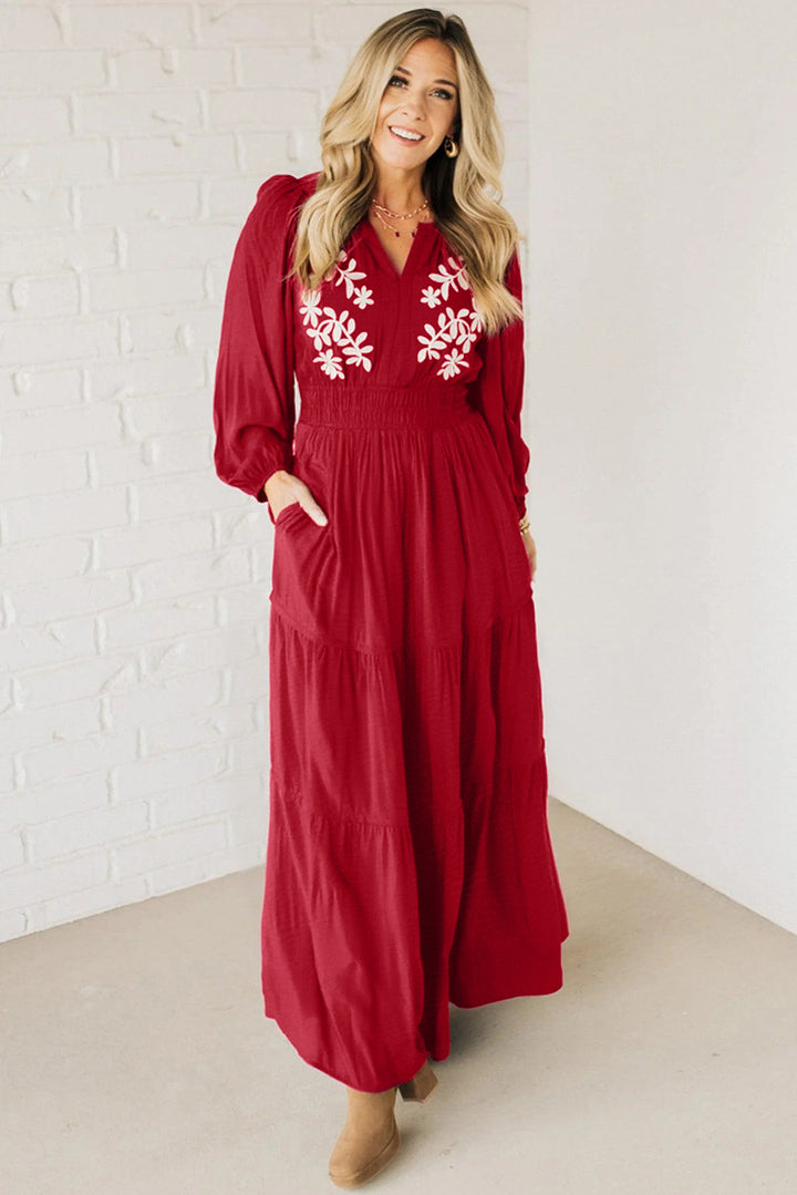 Racing Red Contrast Embroidered Detail Cinched Waist Tiered Long Sleeve Maxi Dress