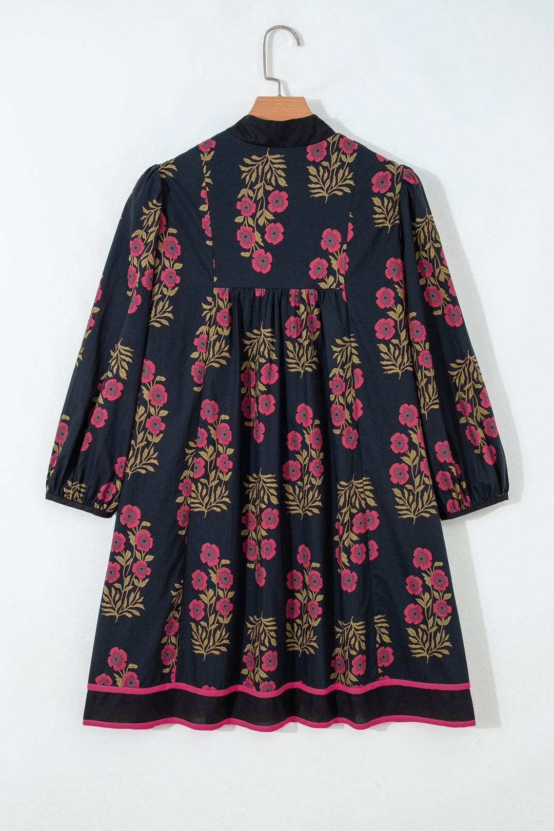 Black Floral Print Notched Neck Piping Trim Bracelet Sleeve Babydoll Dress
