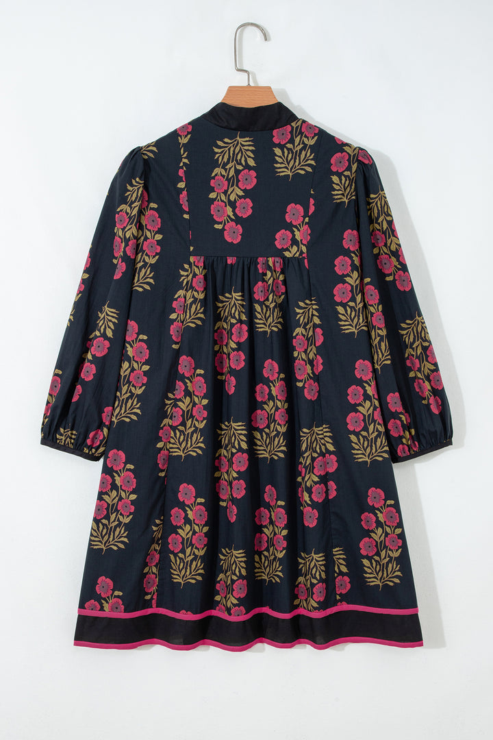 Black Floral Print Notched Neck Piping Trim Bracelet Sleeve Babydoll Dress