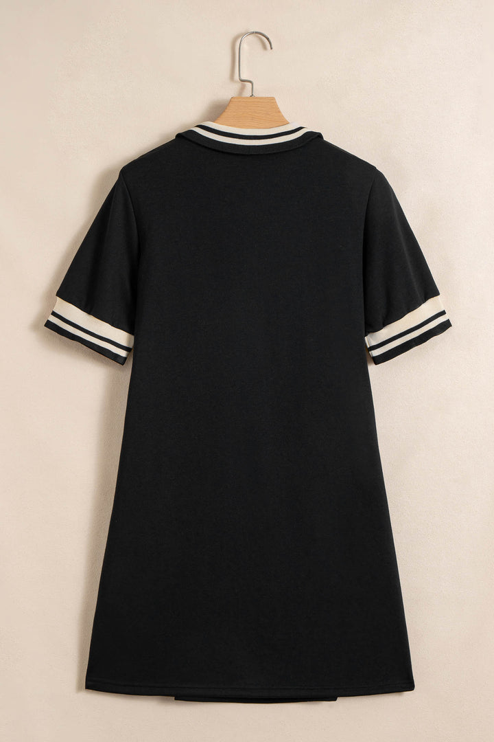 Black Striped Webbing Trim Preppy Polo Tee Dress