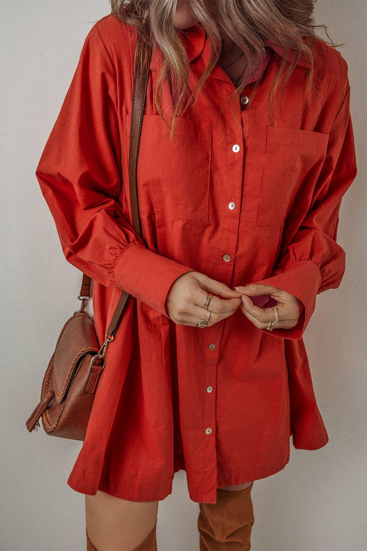 Tomato Red Bishop Sleeve Button Up Pleated Mini Shirt Dress