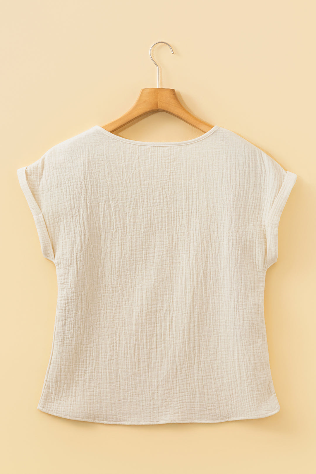 Beige Crochet Insert Textured Cotton Short Sleeve Blouse Top