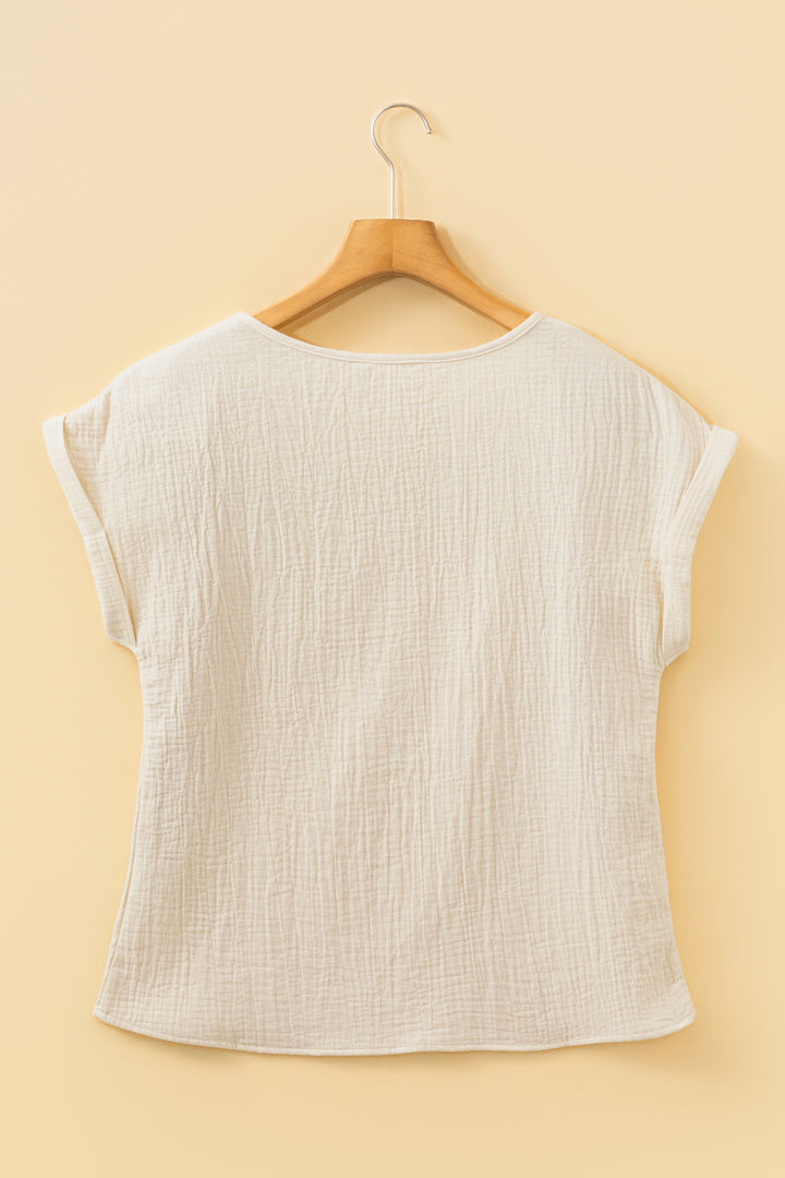 Beige Crochet Insert Textured Cotton Short Sleeve Blouse Top