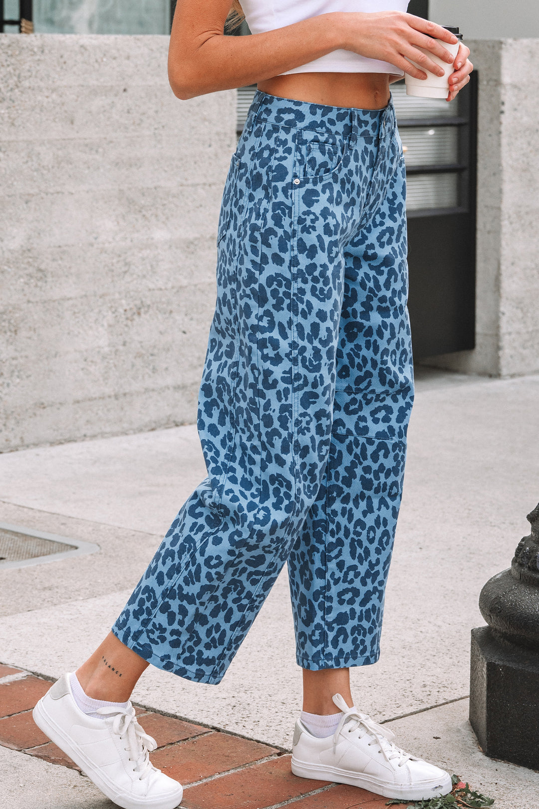 Sky Blue Leopard Print Barrel Leg Jeans