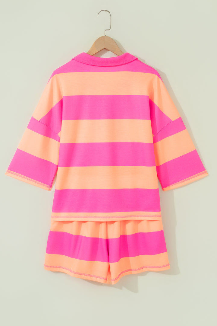 Yellow Stripe Seam Detail Half Zip Tee Casual Shorts 2pcs Set