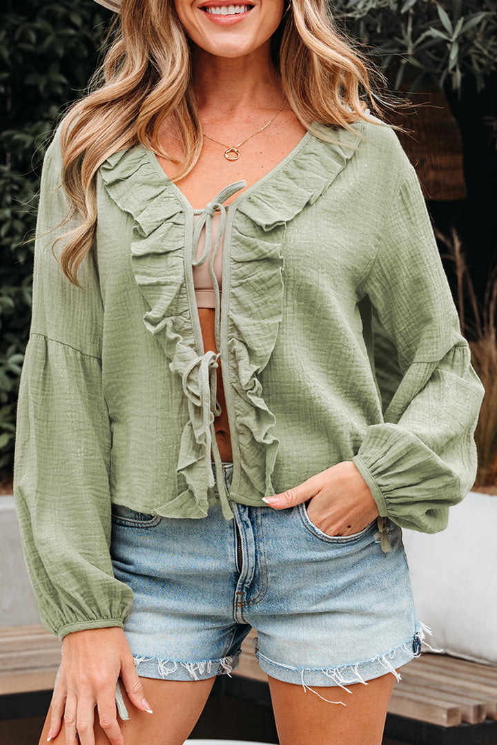 Meadow Mist Green Bow Tie Front Ruffle Trim V Neck Long Sleeve Gauze 100% Cotton Blouse