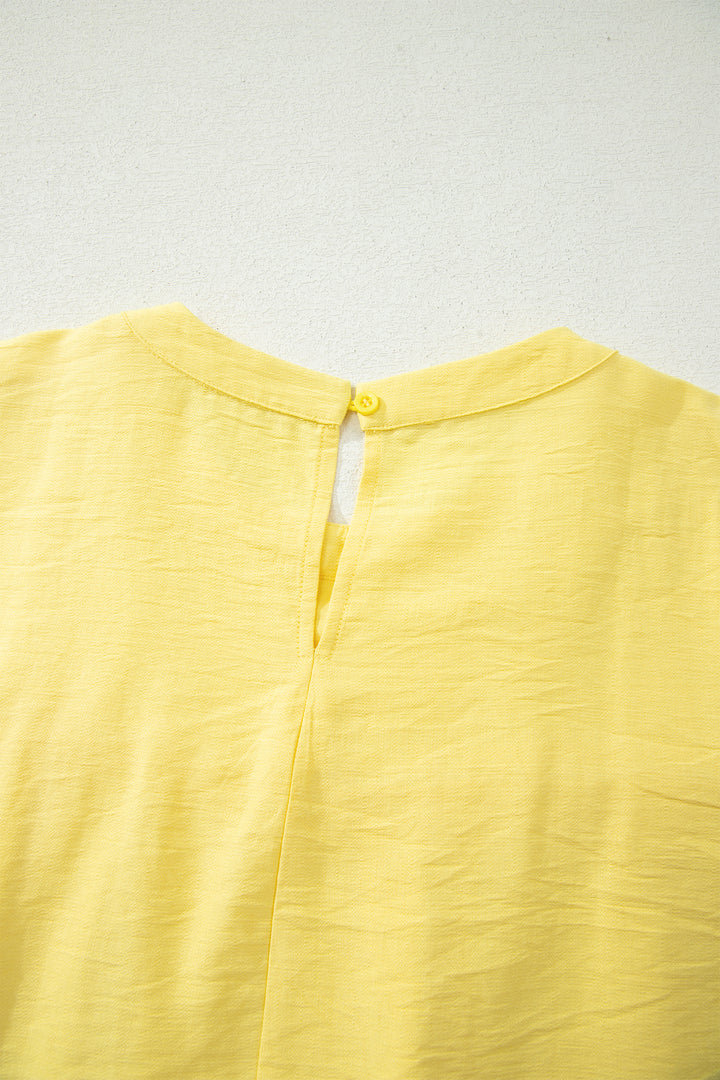 Yellow Cream Tie Half Sleeve Pleated Detail Babydoll Blouse