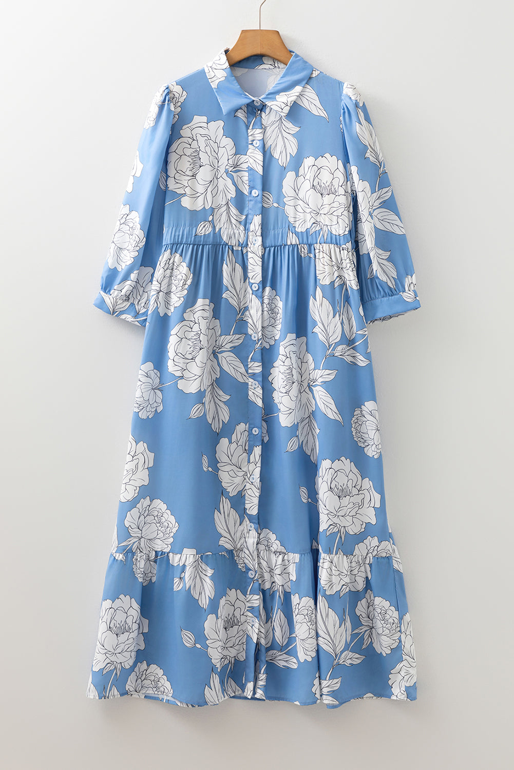 Sky Blue Floral Print Shirt Collar Button Down 3/4 Sleeve Ruffle Hem Long Dress