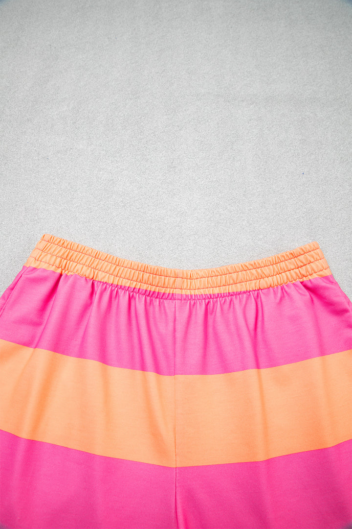 Yellow Stripe Seam Detail Half Zip Tee Casual Shorts 2pcs Set
