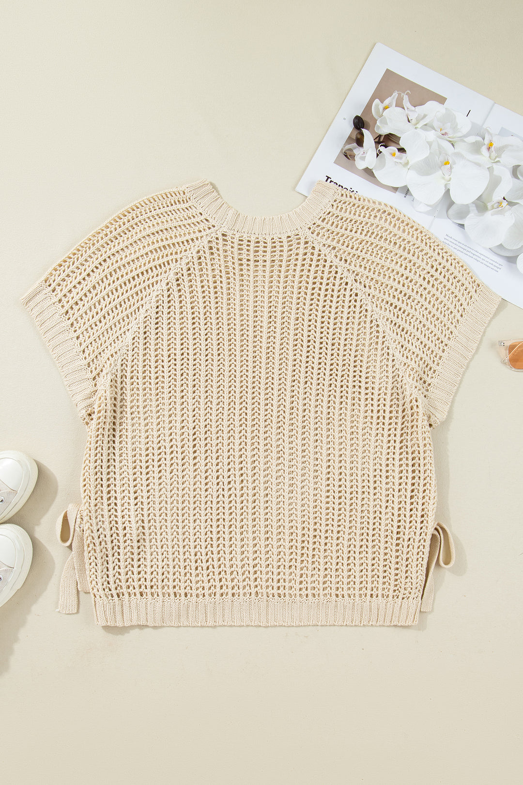 Apricot Plus Size Open Knit Bow Tie Short Sleeve Sweater