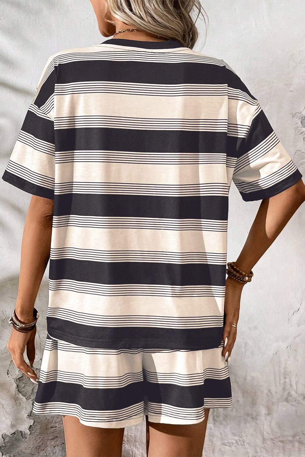 Black Stripe Short Sleeve T Shirt and High Waist Pocketed Shorts Set