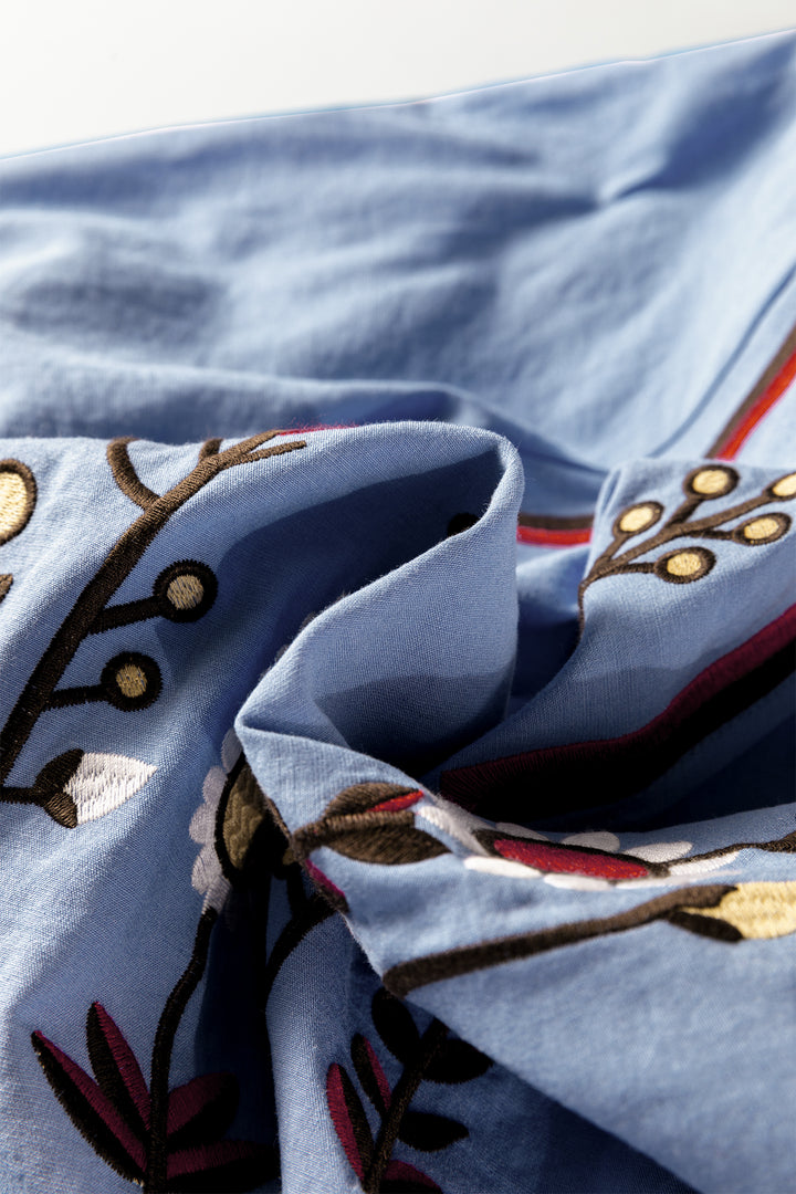 Real Teal Floral Embroidered Split Neck Tassel Tie Puff Sleeve Blouse