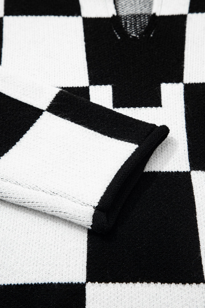Black Checked Notched Neckline Drop Shoulder Knit Sweater