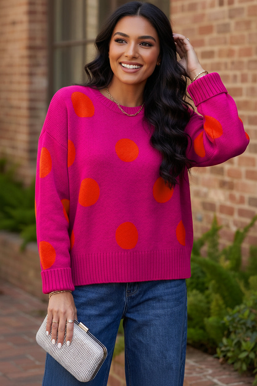 Strawberry Pink Playful Cozy Polka Dot Sweater