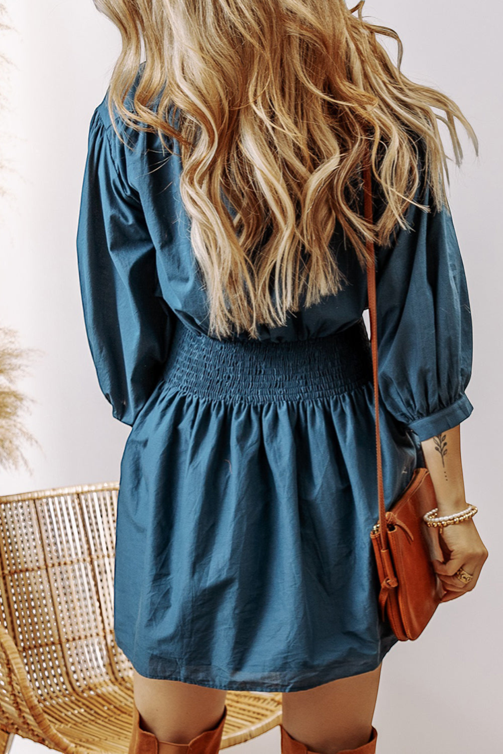 Prussian Blue 3/4 Sleeve Shirred High Waist Buttoned Mini Dress