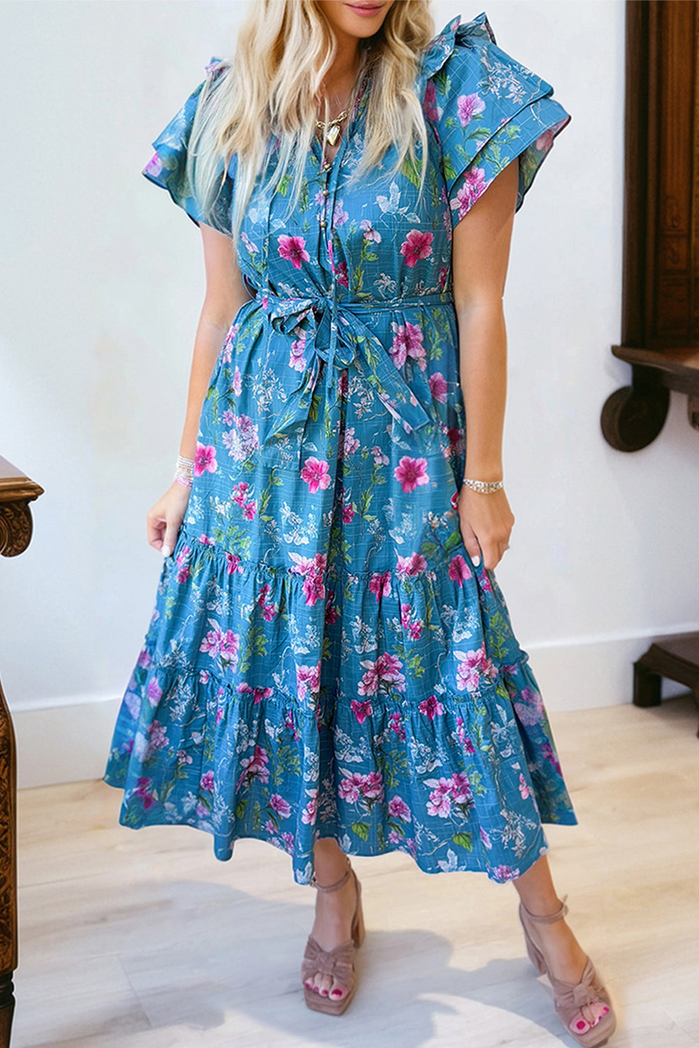 Blue Floral Flutter Sleeve Button Tie Split Neck Belted Long Dress