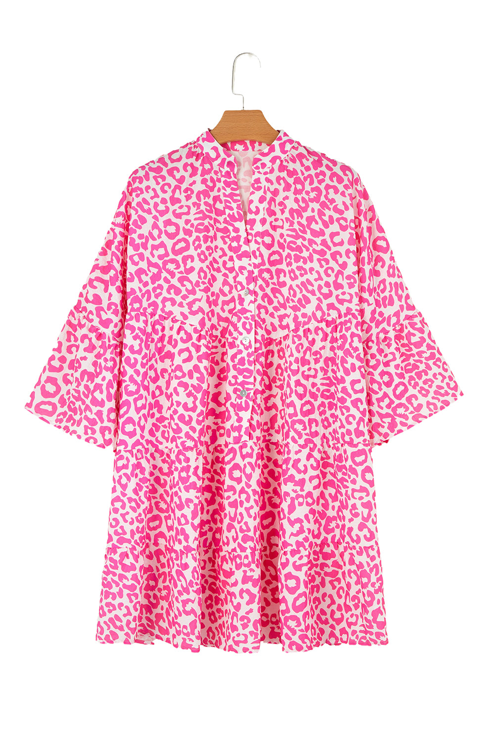 Bright Pink Leopard Printed Long Sleeve Buttoned Front Mini Dress