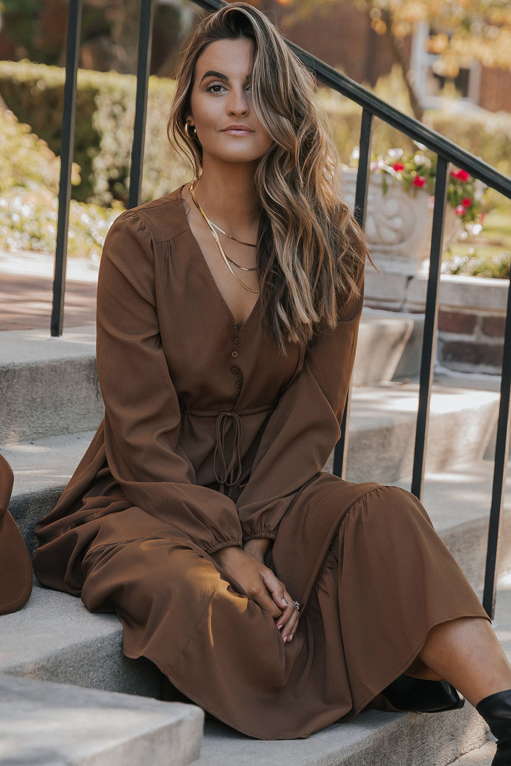 long sleeve v neck tiered solid maxi dress PUFF SLEEVE V-NECK TIERED SOLID MAXI DRESS Riah Fashion