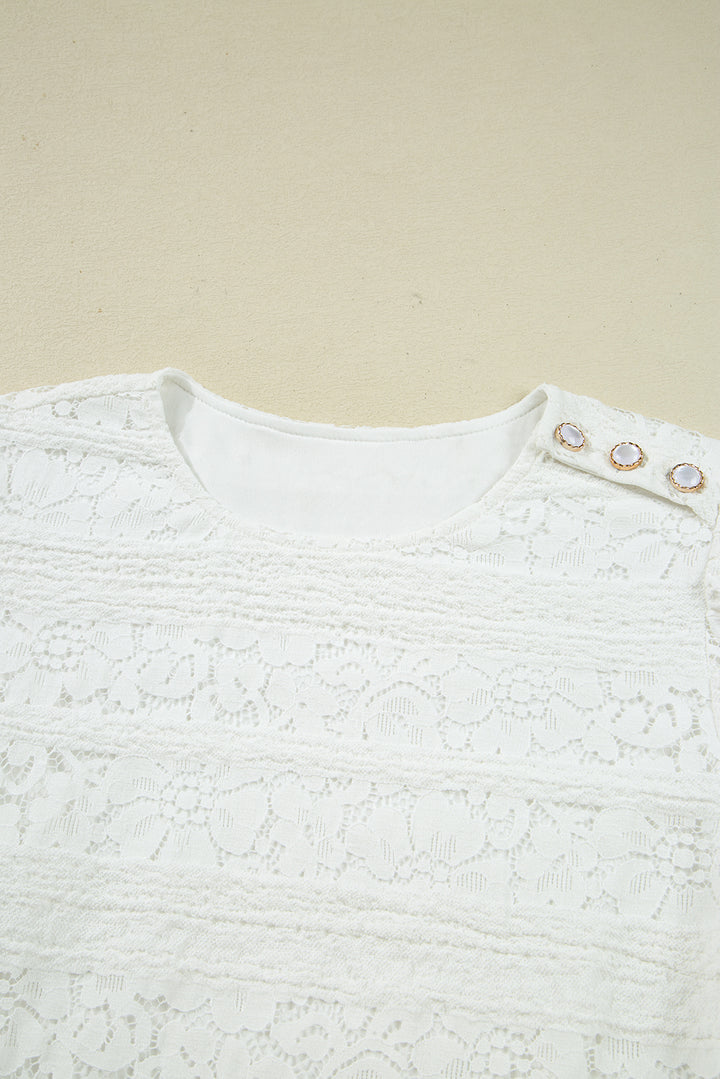 White Lace Crochet Round Neck Puff Sleeve Shift Mini Dress