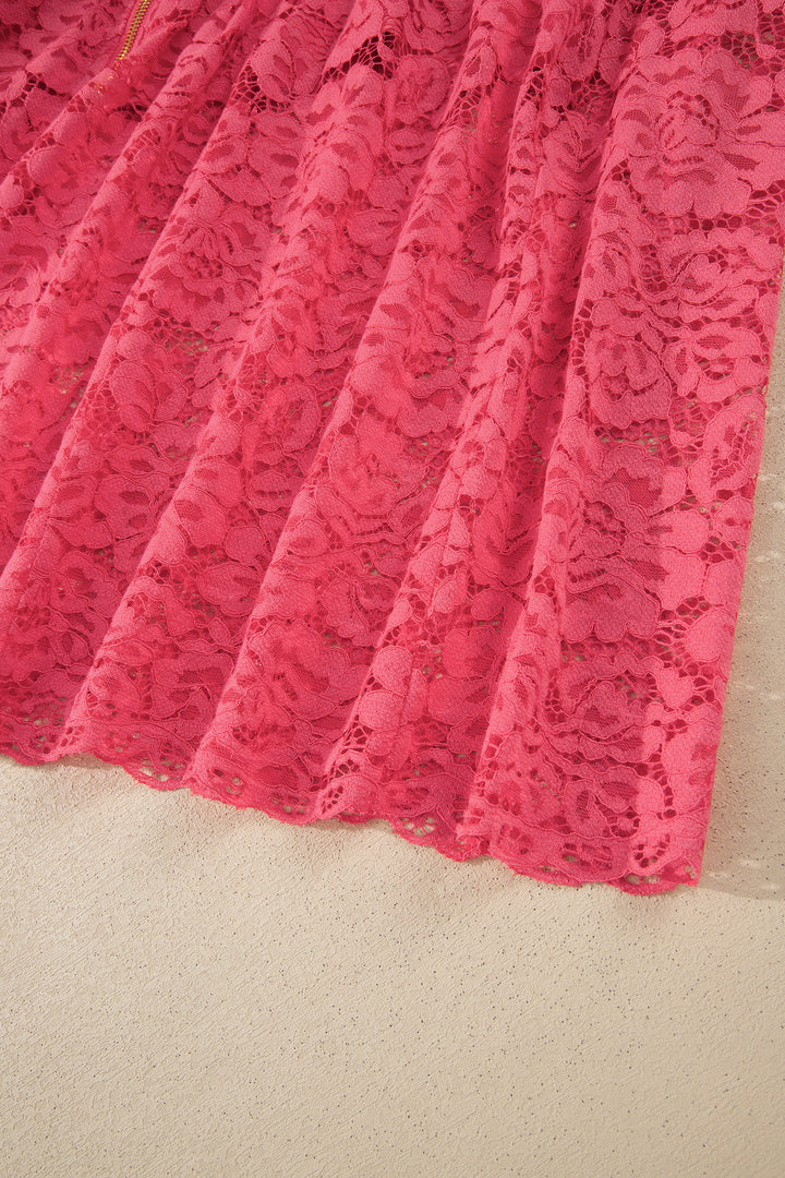 Coral Floral Lace Overlay Zip Up V Neck Smocked Waist Sleeveless Dress