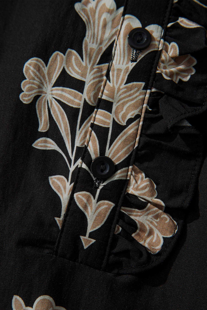 Black Floral Print Frilled Collar Short Puff Sleeve Maxi Dress
