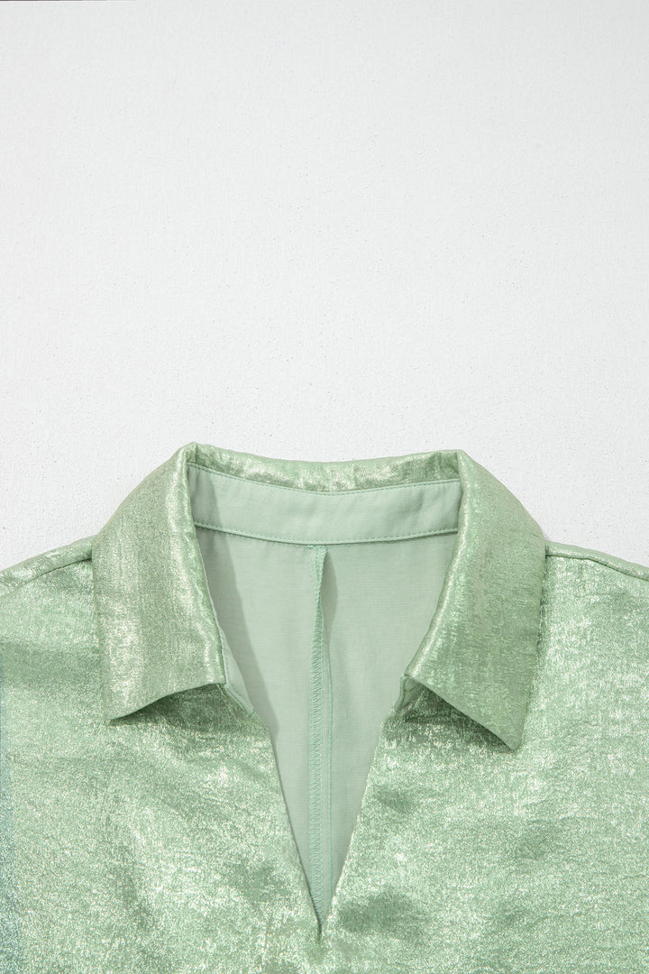 Casual Collared V Neck Half Sleeve Metallic Top