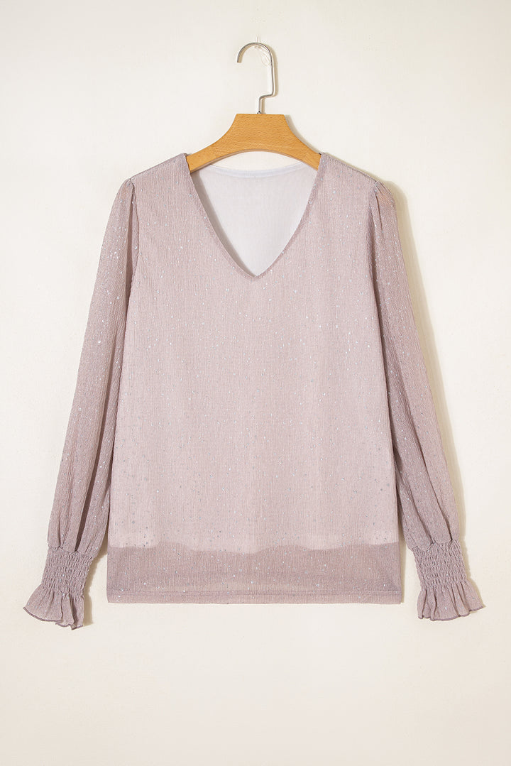 Light Pink V Neck Sequin Plisse Long Sleeve Blouse