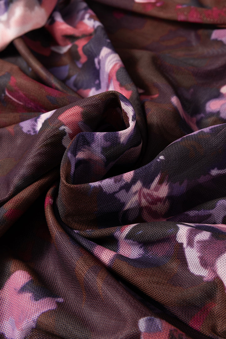 Brown High Neck Ruched Floral Mesh Top