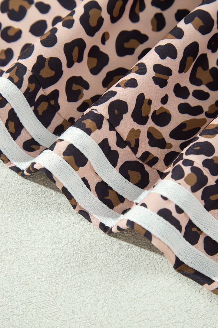 Beige Leopard Print Side Striped Detail Casual Wide Leg Pants