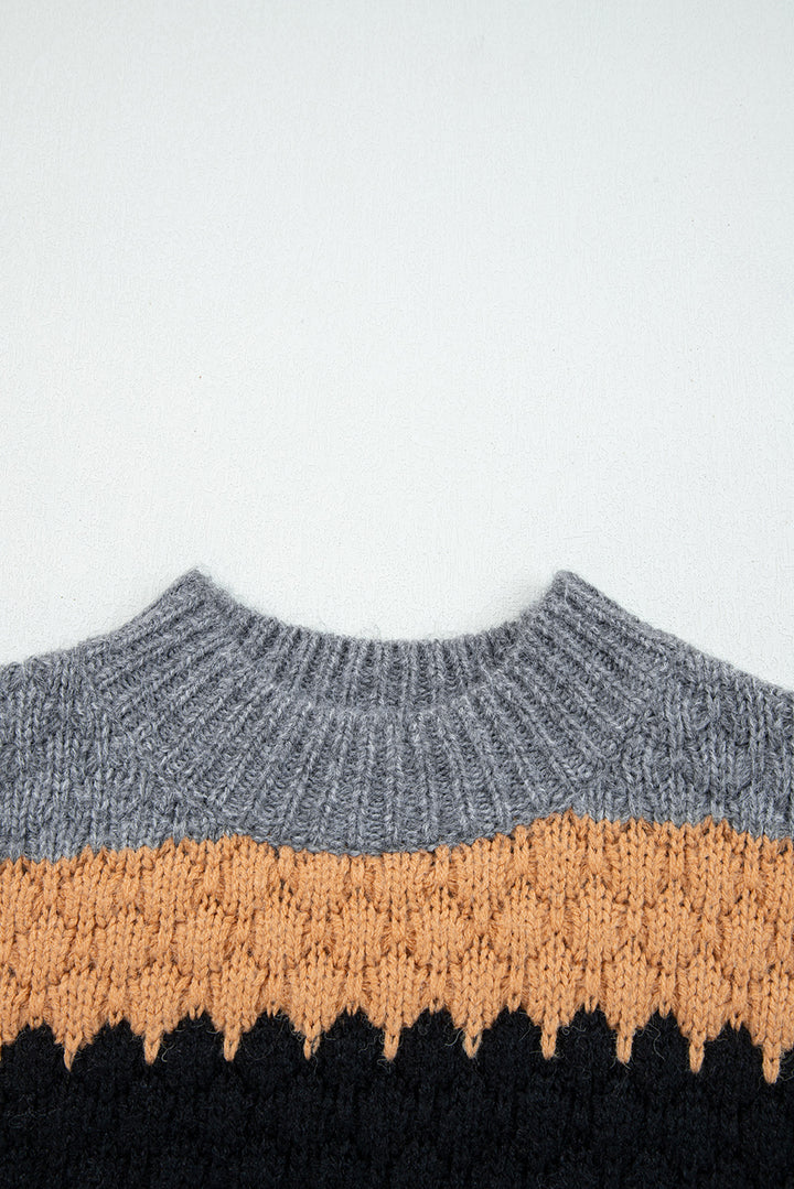 Khaki Color Block High Neck Baggy Sweater