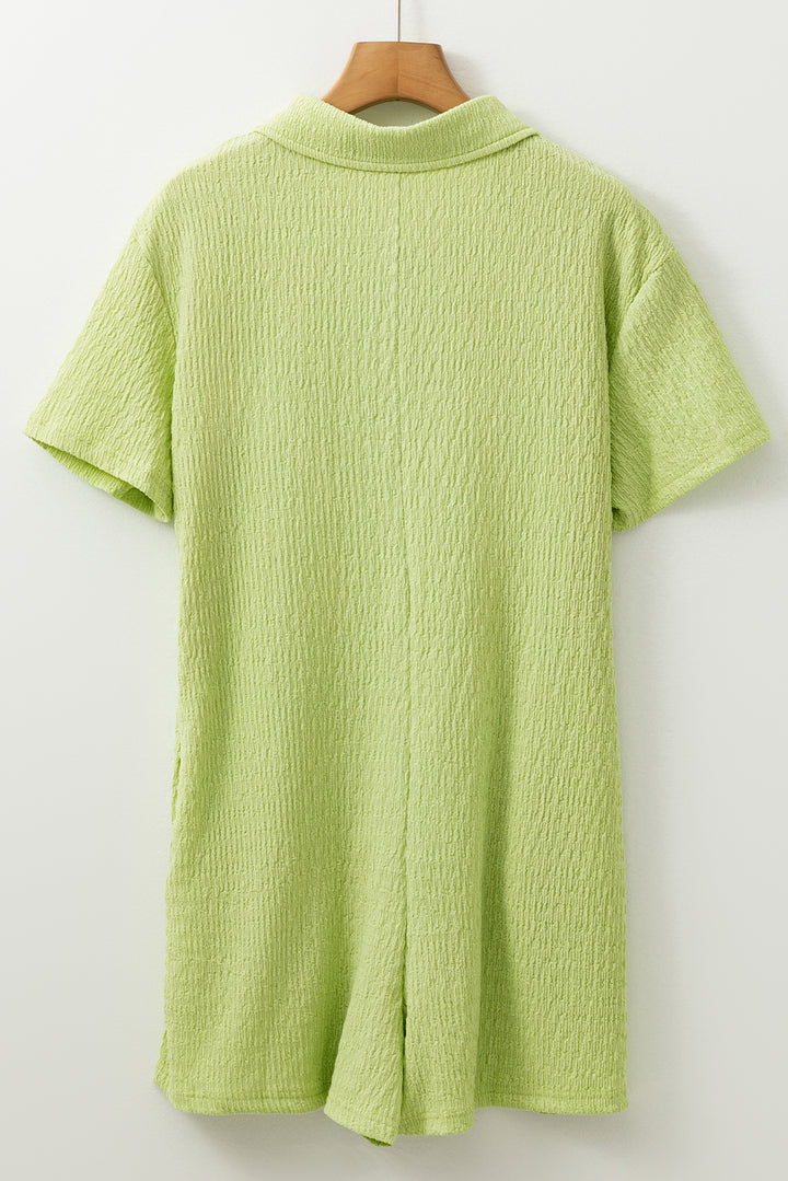 Meadow Mist Green Textured Short Sleeve Patched Pocket Buttoned Shirt Romper