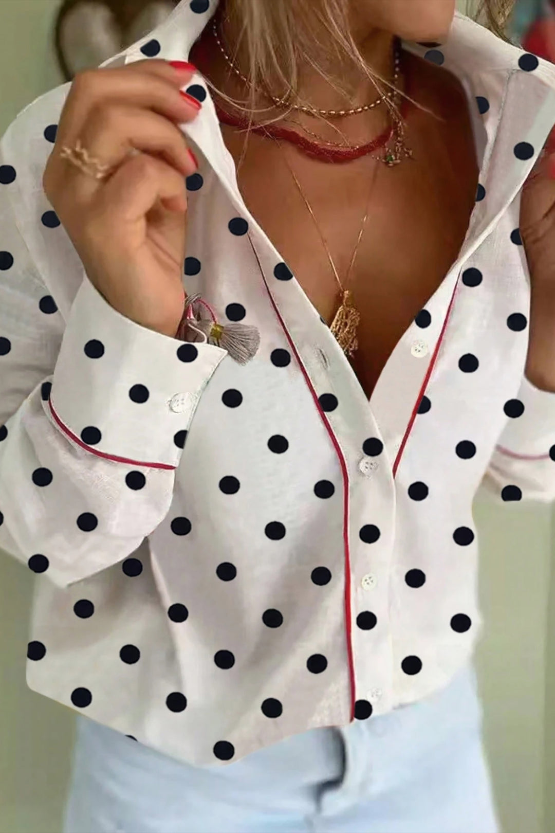 White Polka Dot Print Contrast Piping Elegant Shirt