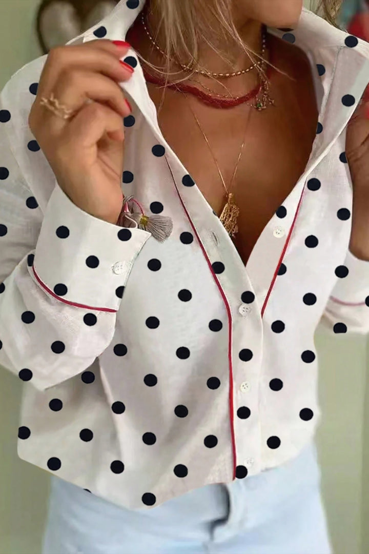 White Polka Dot Print Contrast Piping Elegant Shirt