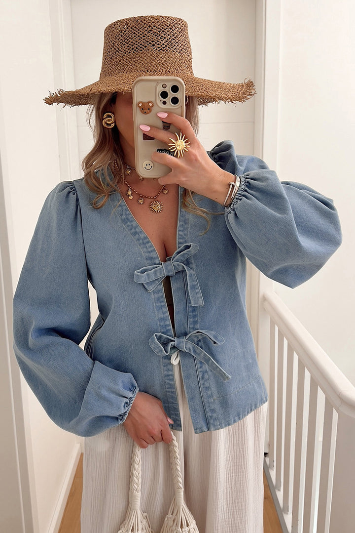 Dusk Blue Bow Tie Front Puff Sleeve Denim Top