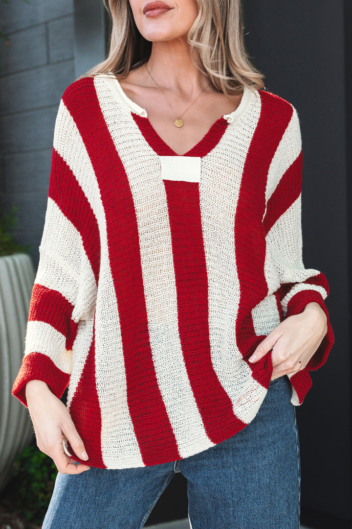 Red Stripe Colorblock V Neck Bracelet Sleeve Sweater