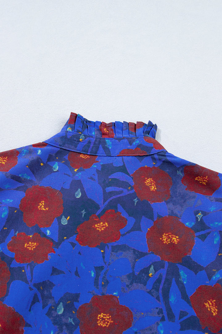 Blue Ruffled Short Balloon Sleeve Frilled V Neck Floral Blouse