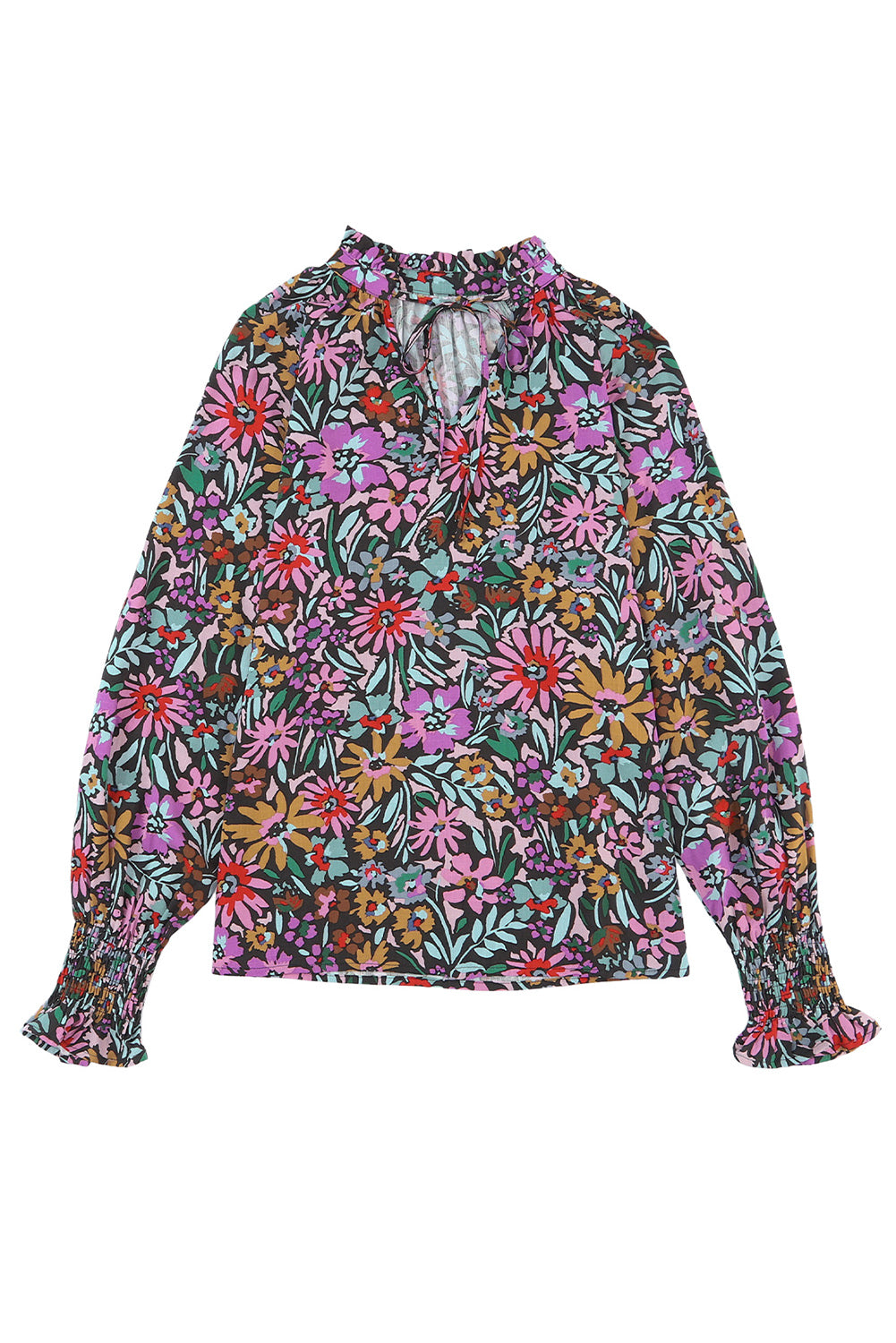 Multicolor Floral Print Ruffled Long Sleeve V-Neck Blouse | Women