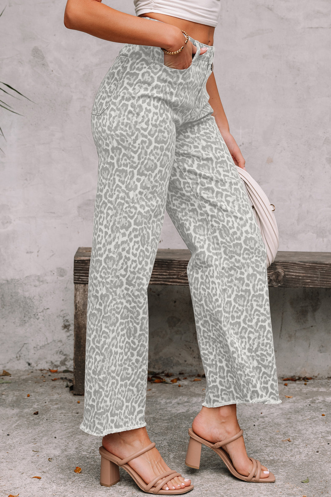 Brown Leopard Frayed Edge Wide Leg High Waist Jeans