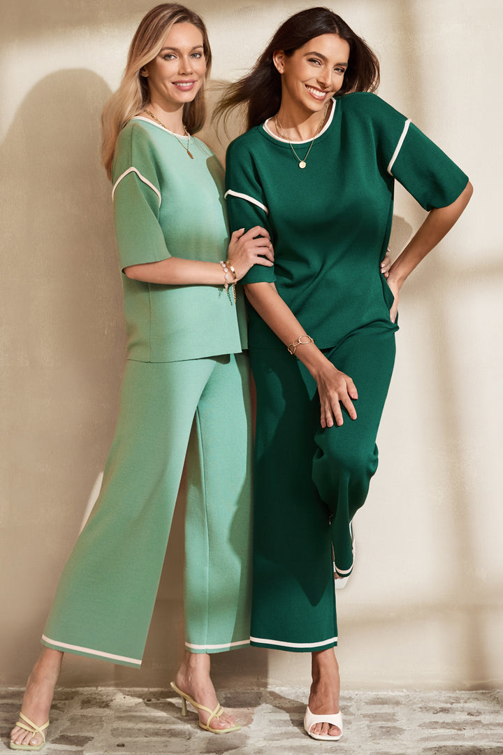 Canton Contrast Trim Half Sleeve Top Drawstring Pants Loose 2pcs Sweater Suit