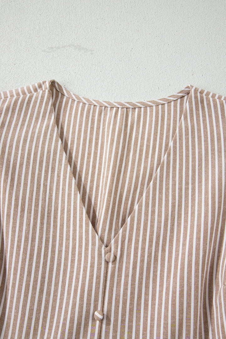 Khaki Stripe Flutter Sleeve Buttoned Front Slit Maxi Dress