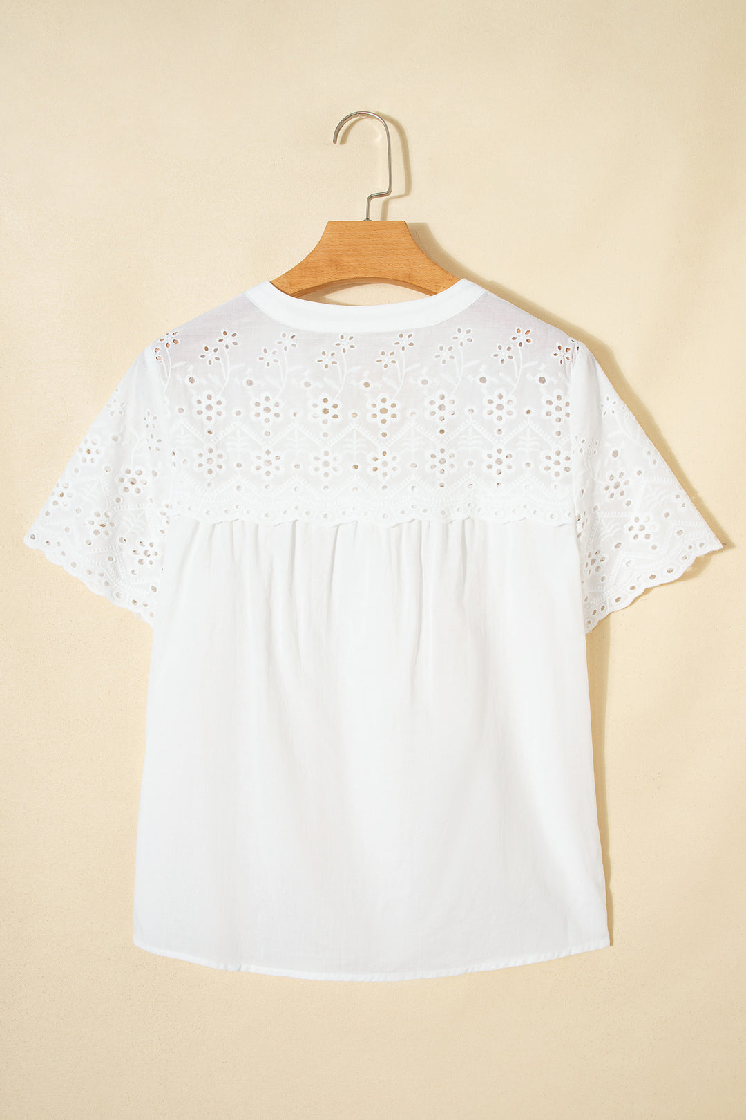 White Flower Eyelet Embroidered Patchwork Sheer Short Sleeve Cotton Shirt