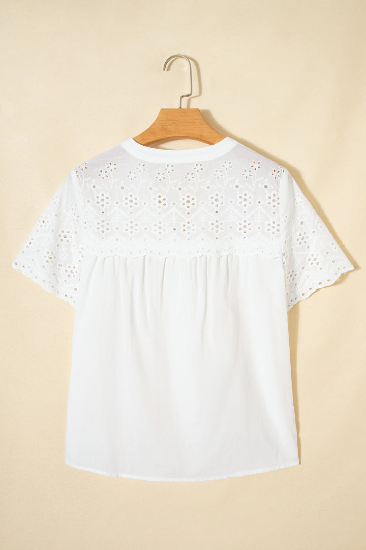 White Flower Eyelet Embroidered Patchwork Sheer Short Sleeve Cotton Shirt