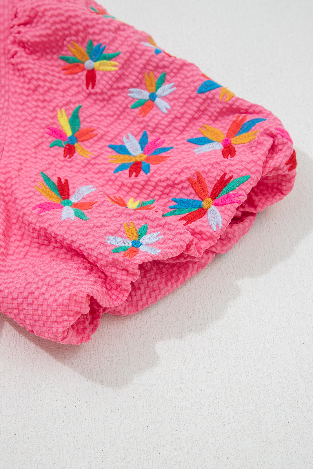 Sachet Pink Frilled V Neck Flower Embroidered Puff Sleeve Textured Blouse