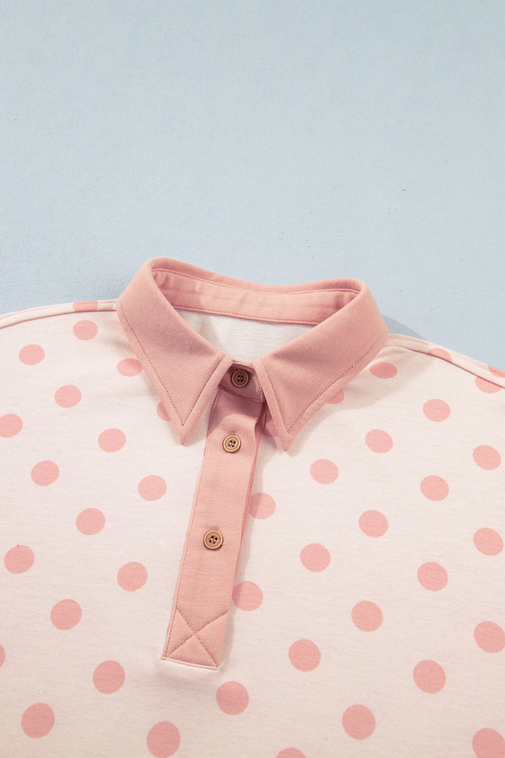 Pink Polka Dot Drop Shoulder Polo Loose Pullover Patch Pocket Casual Shorts Set