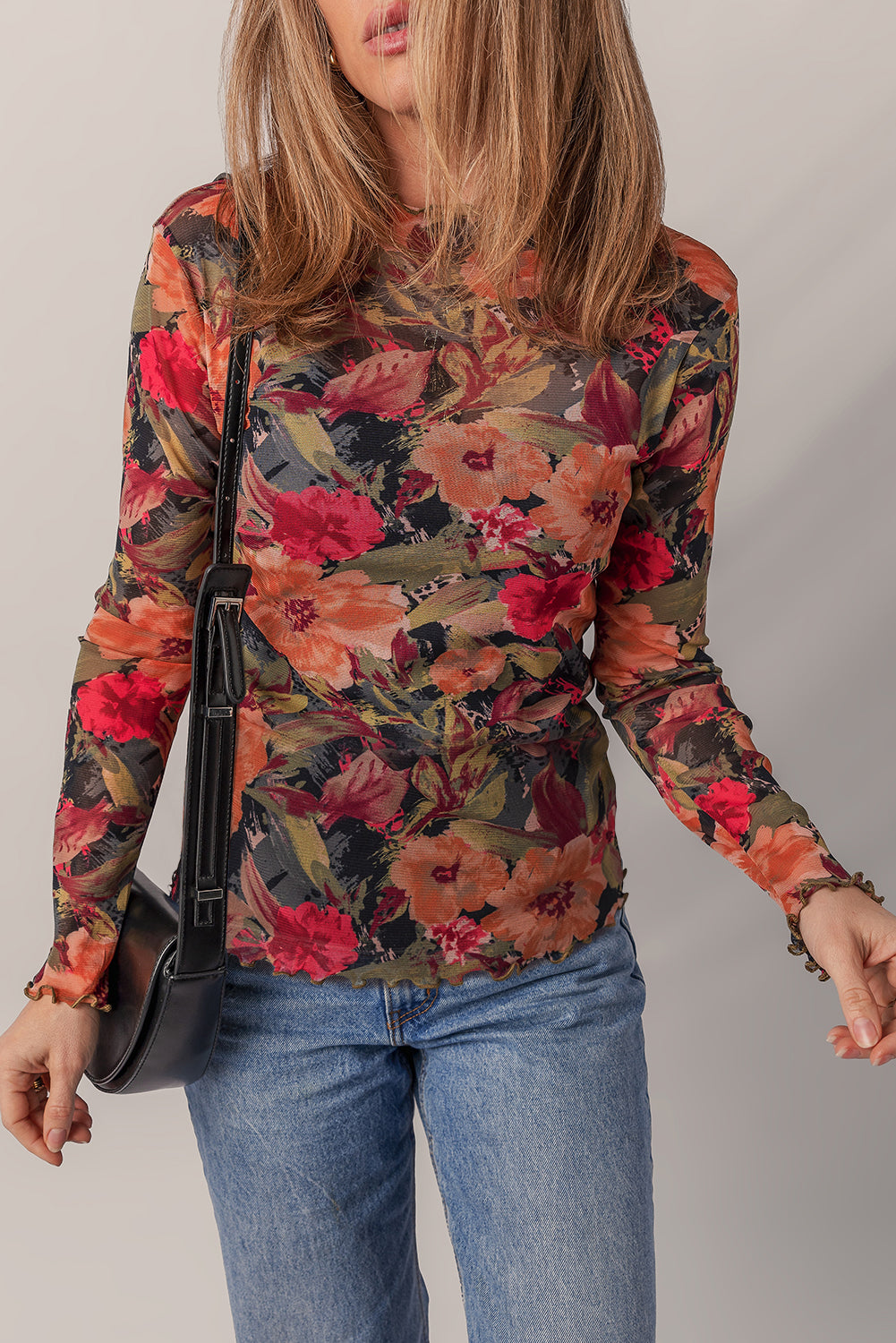Multicolour Floral Print Lettuce Trim Long Sleeve Mesh Top