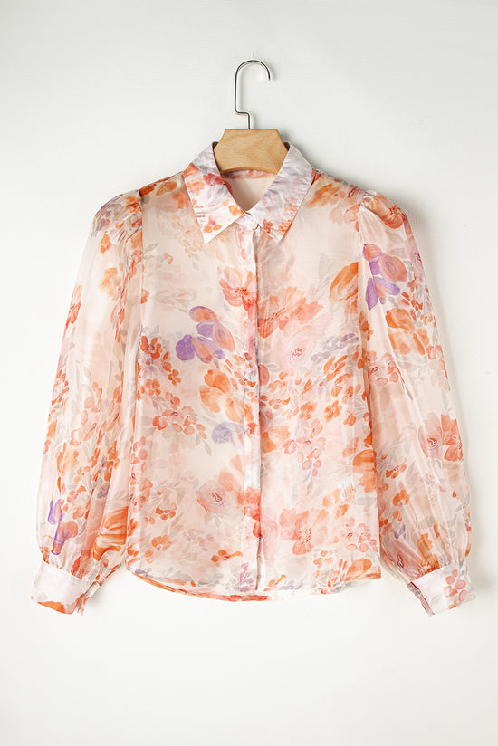 White Floral Print Collared Balloon Sleeve Loose Shirt | Women