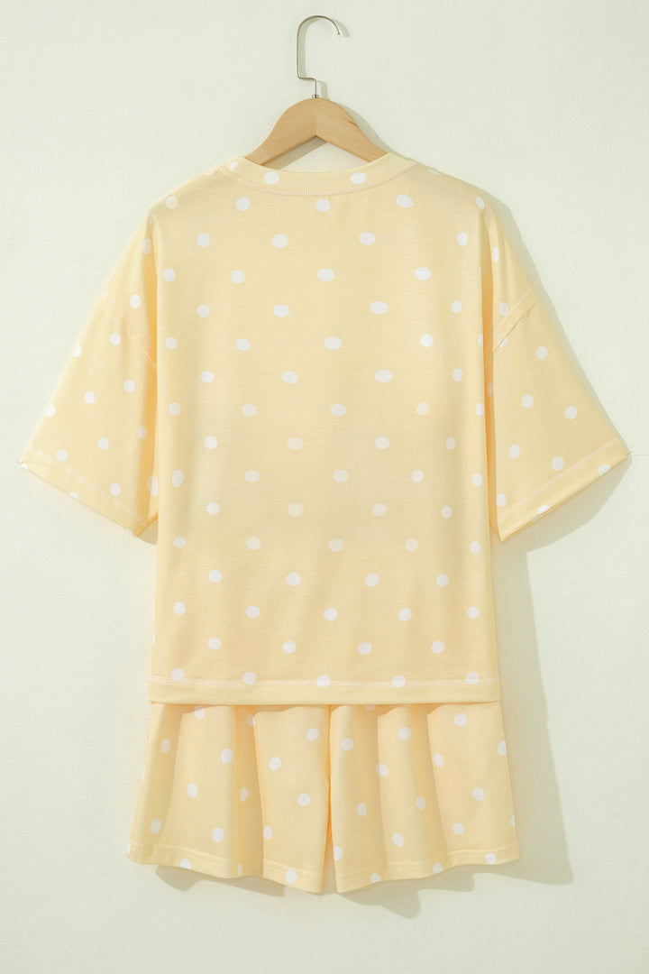 Yellow Exposed Seam Detail Polka Dot Loose Tee Drawstring Shorts Set